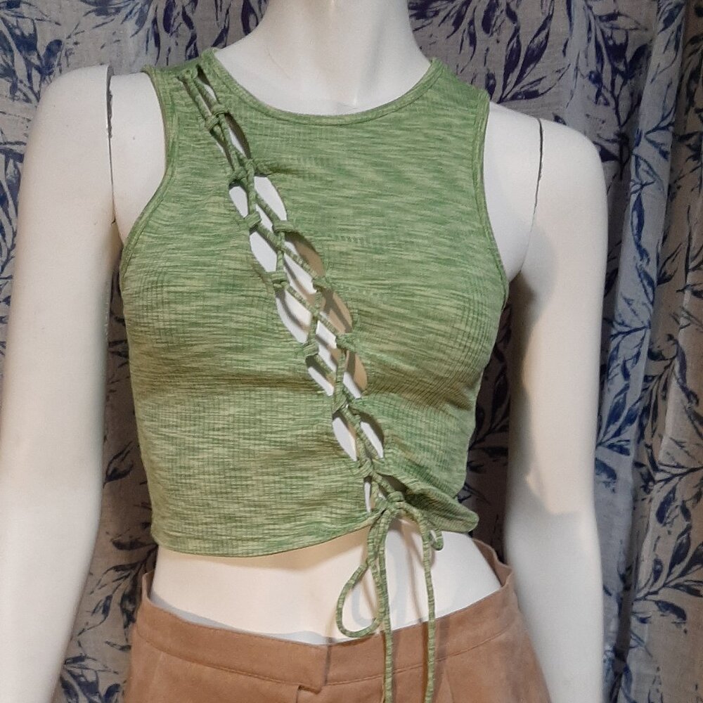 Divided Lace Up Cut Out Green Crop Top Size S
